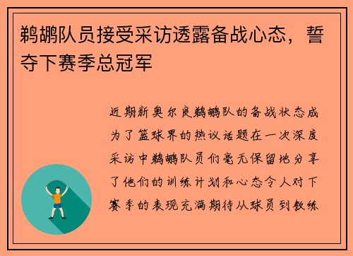 鹈鹕队员接受采访透露备战心态，誓夺下赛季总冠军