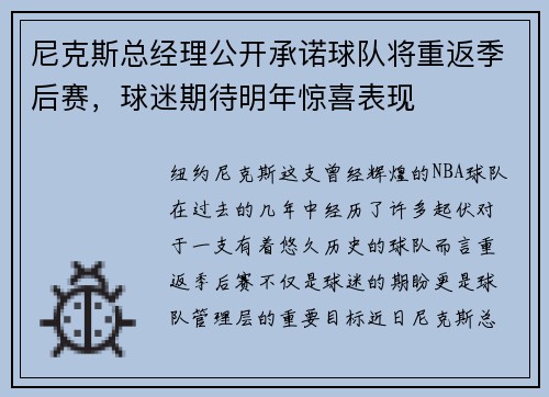 尼克斯总经理公开承诺球队将重返季后赛，球迷期待明年惊喜表现